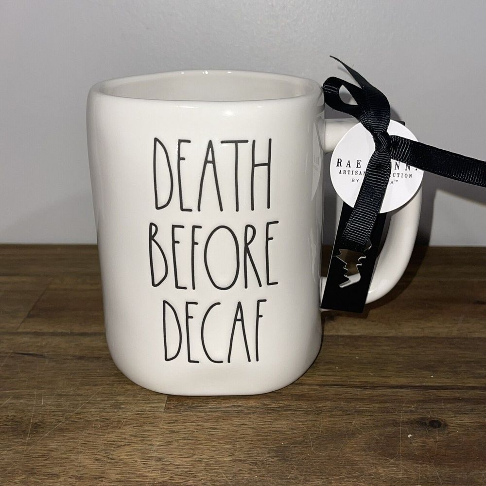 Rae Dunn‎ Halloween DEATH BEFORE DECAF black&white coffee mug
